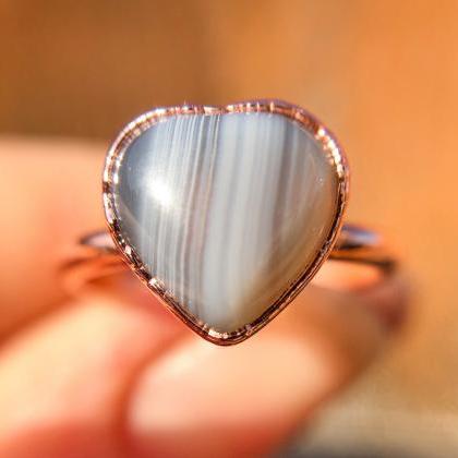 Grey Banded Agate Heart Ring, Silver, Gold, Rose..