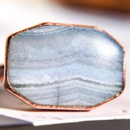 Blue Lace Agate Rectangle Ring, Silver, Gold, Rose..