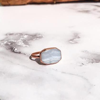 Blue Lace Agate Rectangle Ring, Silver, Gold, Rose..