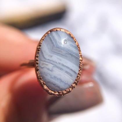 Blue Lace Agate Oval Ring, Silver, Gold, Rose Gold..