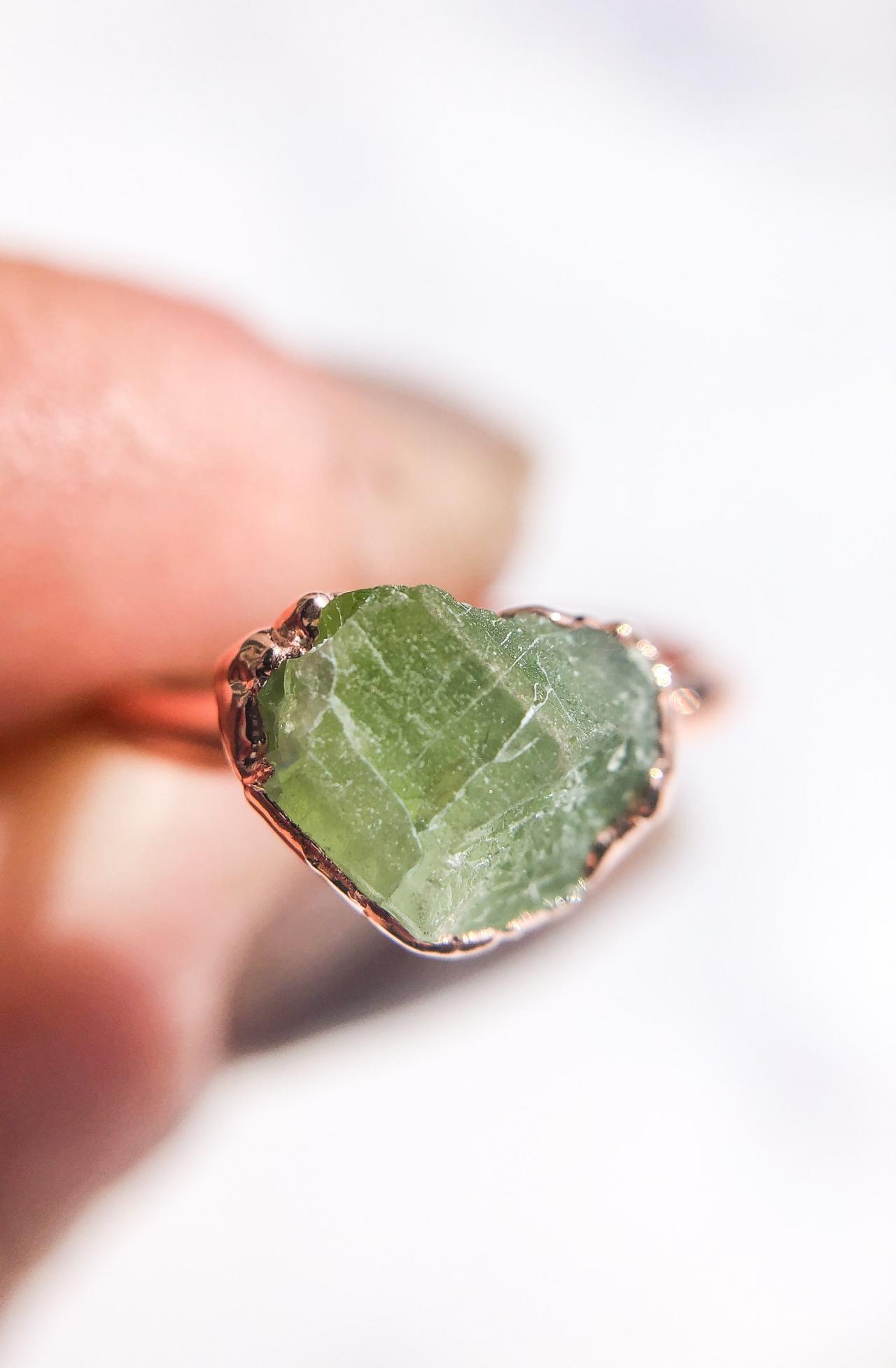 Raw Rough Peridot Ring, August Birthstone Ring, Silver, Gold, Rose Gold, Or Copper