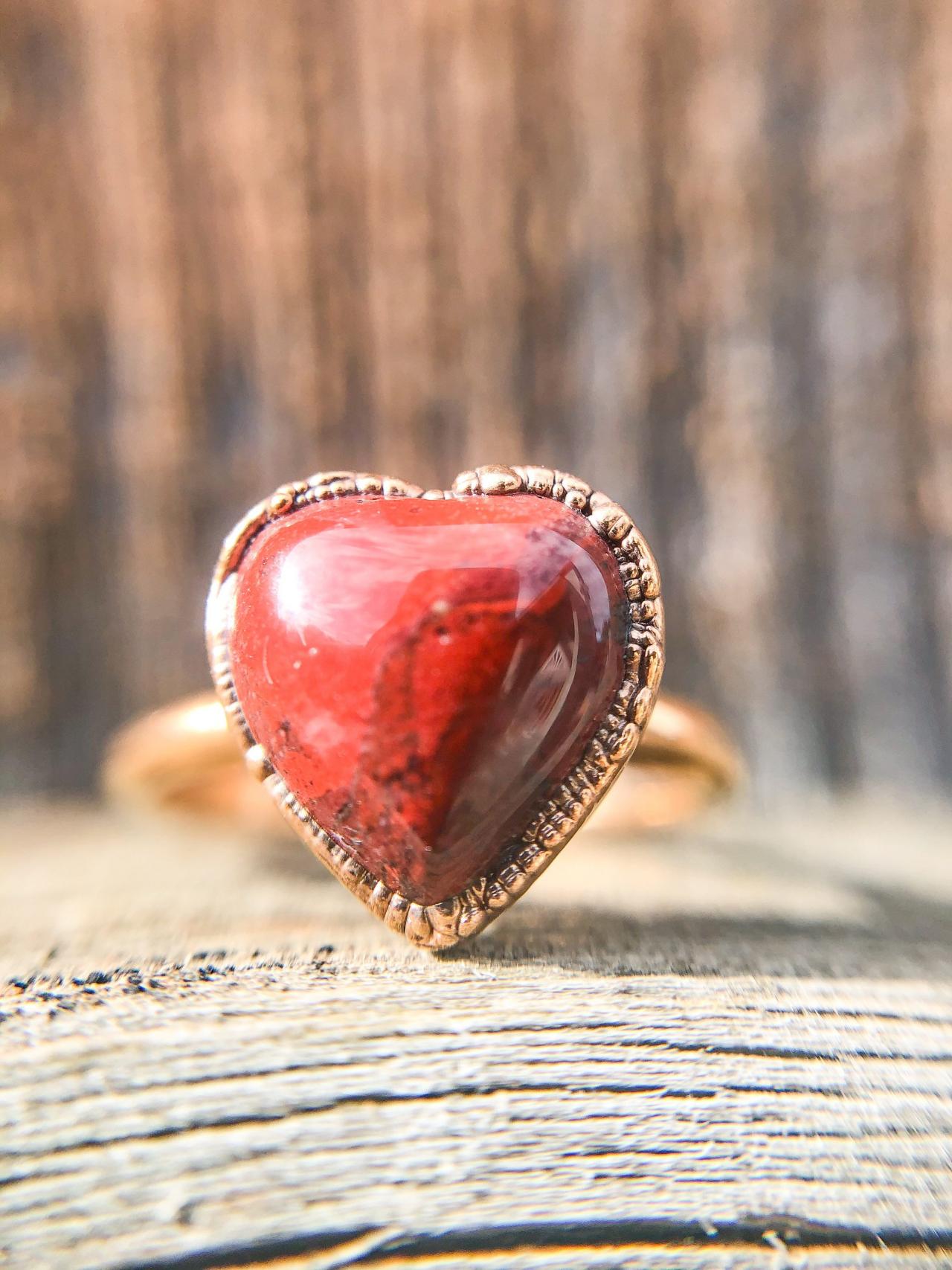 Red Jasper Heart Ring, Silver, Gold, Rose Gold, Palladium, or Copper Rings