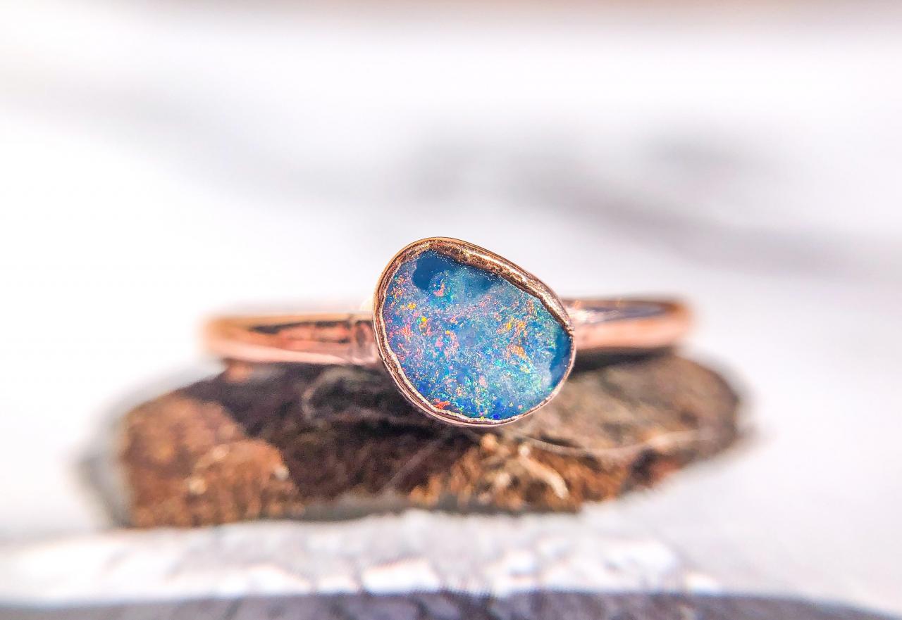 Petite Australian Opal Doublet Ring, Stacker Ring, Silver, Gold, Rose Gold, Or Copper Rings, October Birthstone
