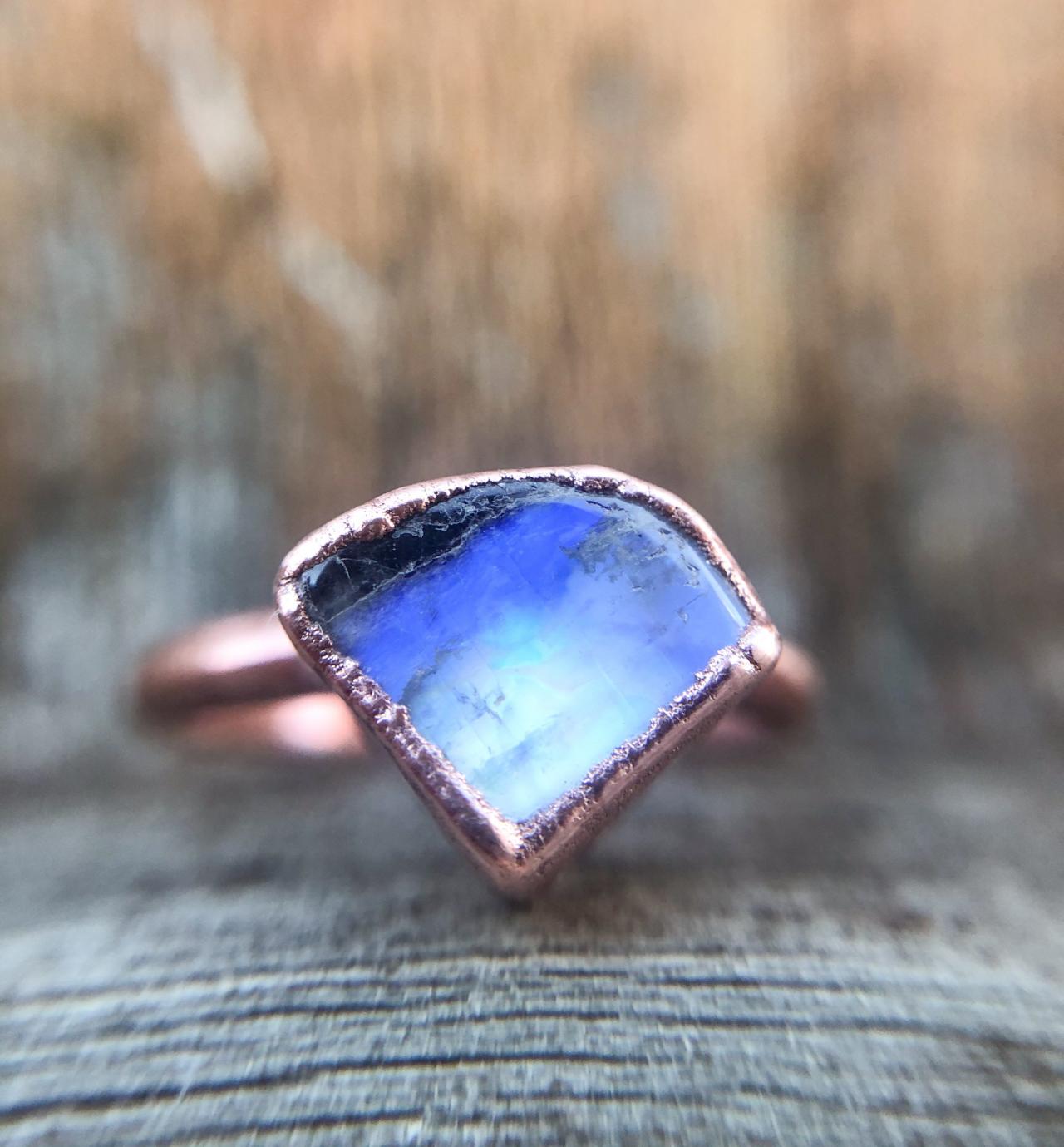 Raw Rainbow Moonstone Custom Ring, Silver, Gold, Rose Gold, or Copper Rings