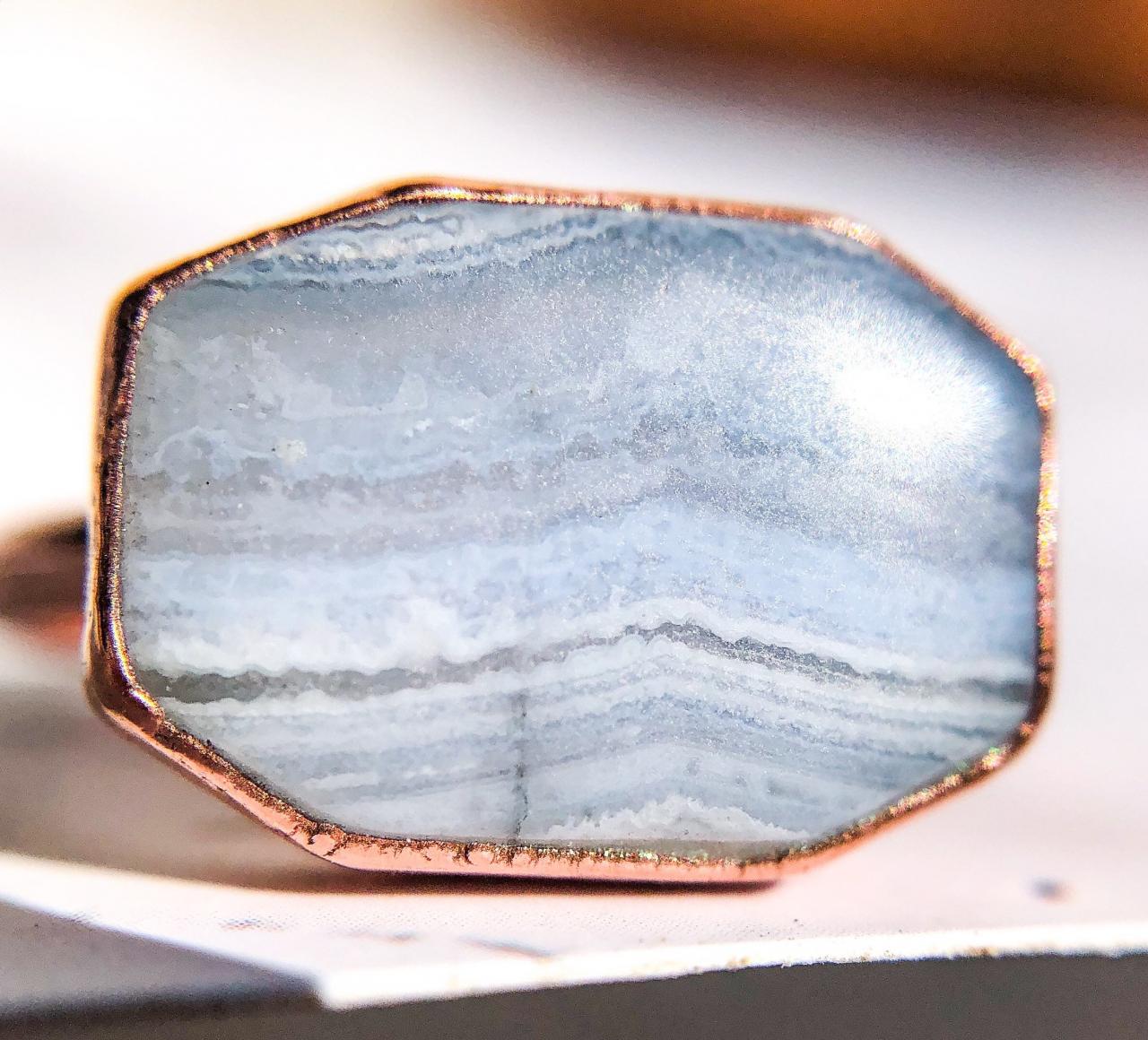 Blue Lace Agate Rectangle Ring, Silver, Gold, Rose Gold Rings