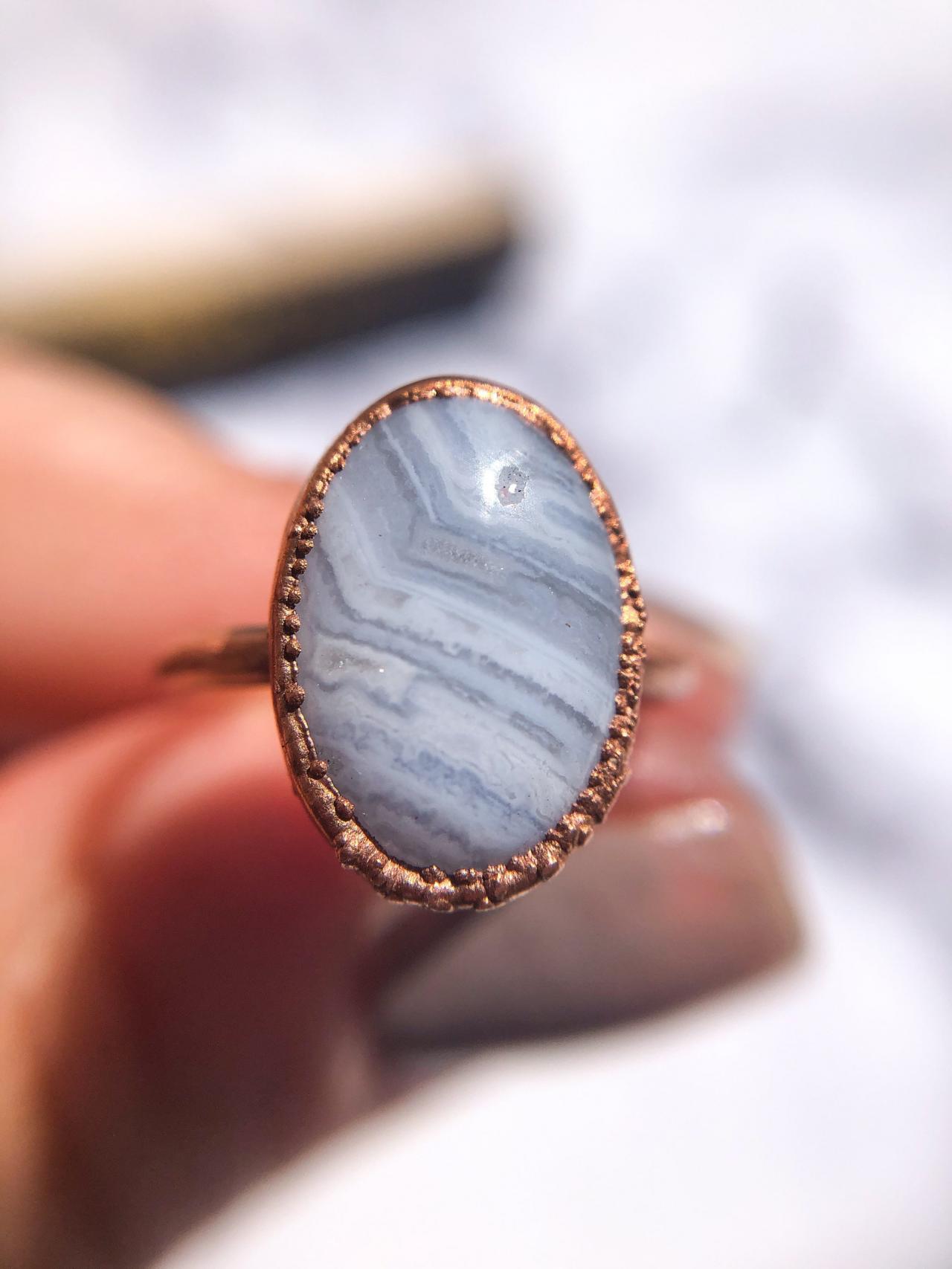 Blue Lace Agate Oval Ring, Silver, Gold, Rose Gold Rings