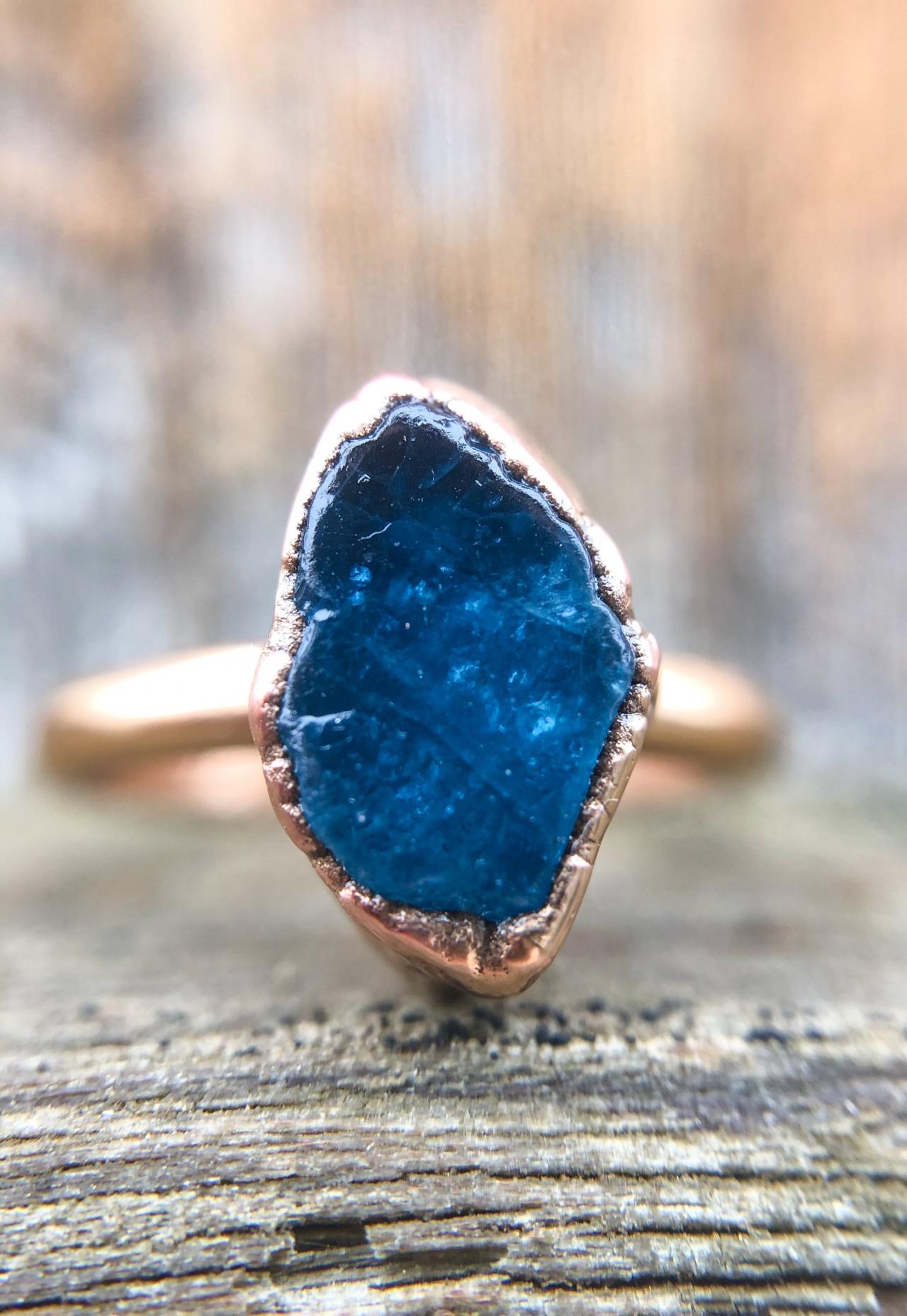 Raw Natural Neon Blue Apatite Ring, Double Or Single Band, Raw Gemstone Ring.
