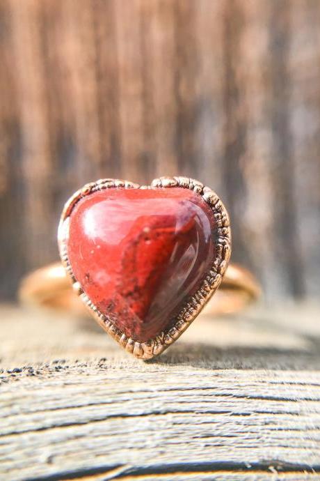 Red Jasper Heart Ring, Silver, Gold, Rose Gold, Palladium, Or Copper Rings