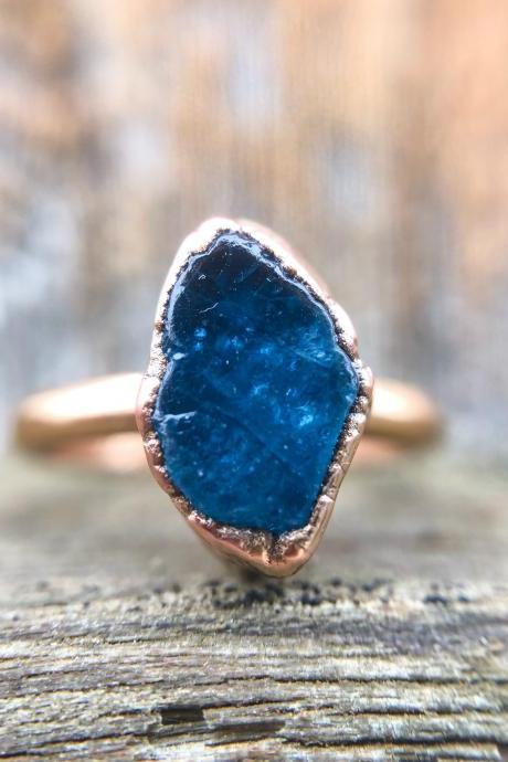Raw Natural Neon Blue Apatite Ring, Double Or Single Band, Raw Gemstone Ring