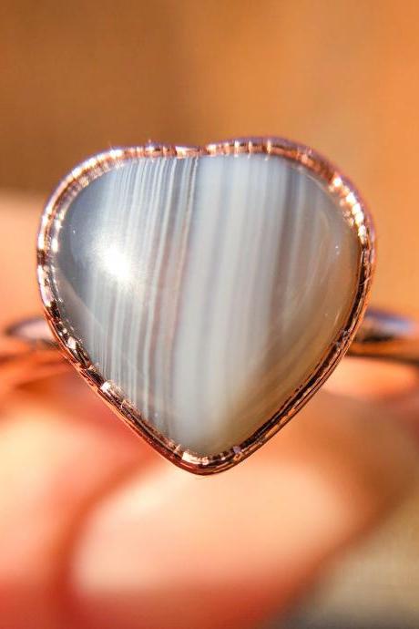 Grey Banded Agate Heart Ring, Silver, Gold, Rose Gold Rings