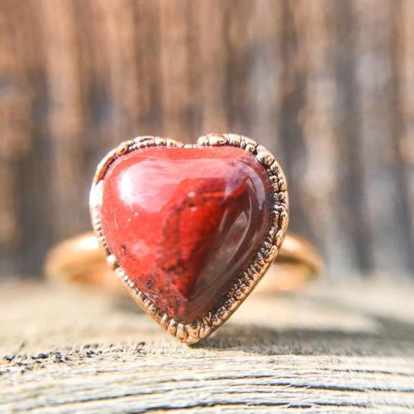 Red Jasper Heart Ring, Silver, Gold, Rose Gold, Palladium, or Copper Rings